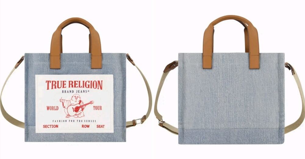 True Religion Medium Canvas Tote Shoulder Bag Logo Adjustable Crossbody Strap
